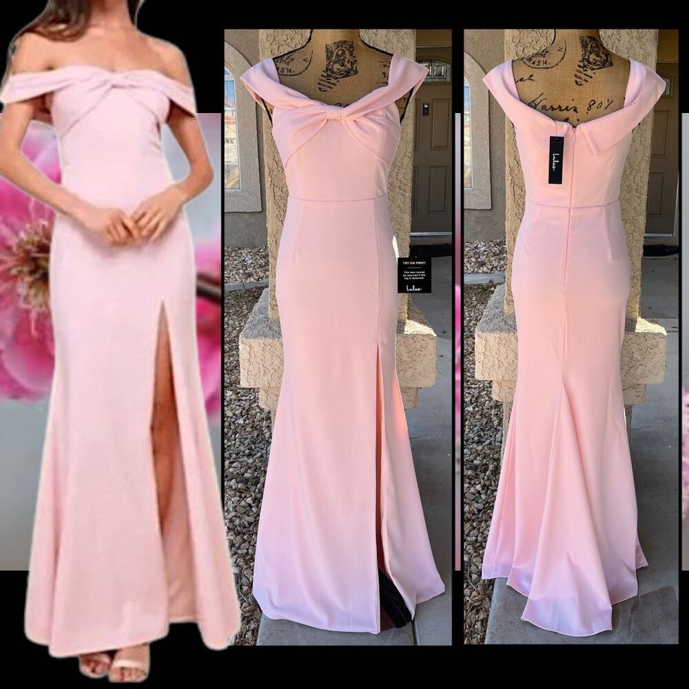 Lulus Elegant Perception Light Pink Off-the-Shoulder Bow Maxi Dress Size M
